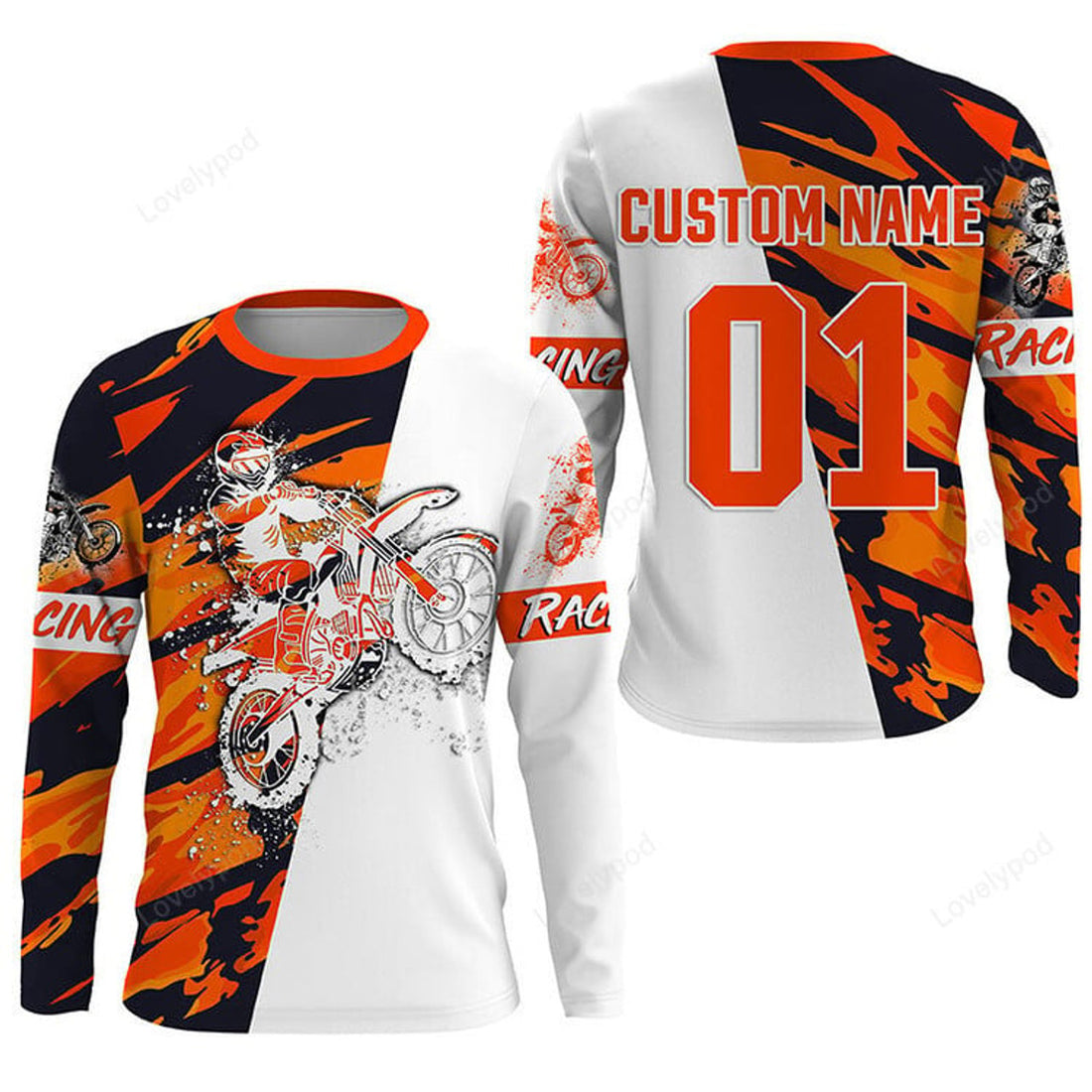 FUNSTUFFPRINT Custom Dirt bike Racing Jersey, Personalized Orange Camo Motocross Off-road MX Riding Jersey 3D Long Sleeve T-Shirt