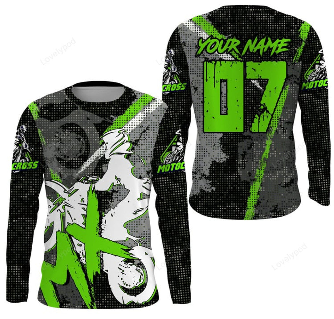 FUNSTUFFPRINT Custom Kids boys girls custom Motocross off-road jersey green, xtreme MX dirt bike shirt motorcycle 3D Long Sleeve T-Shirt