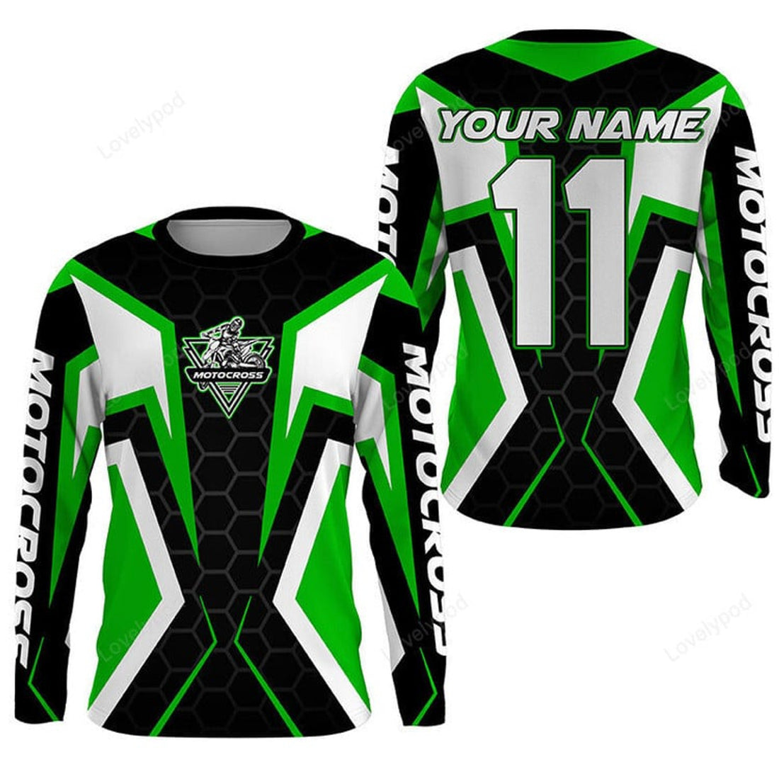 FUNSTUFFPRINT Custom Motocross green jersey, MX off-road racing dirt bike motorcycle 3D Long Sleeve T-Shirt