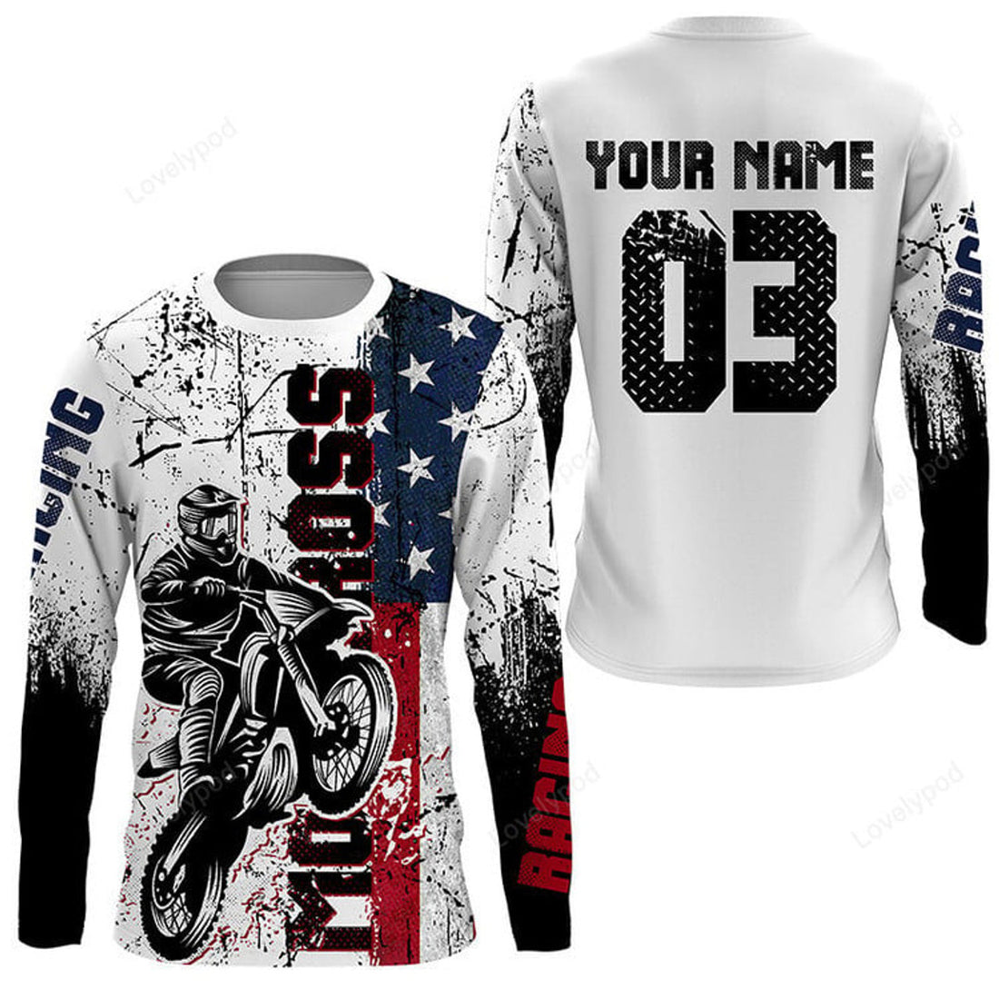 FUNSTUFFPRINT Custom Patriotic Motocross Jersey, American MX Racing Shirt, Dirt Bike Off-road 3D Long Sleeve T-Shirt