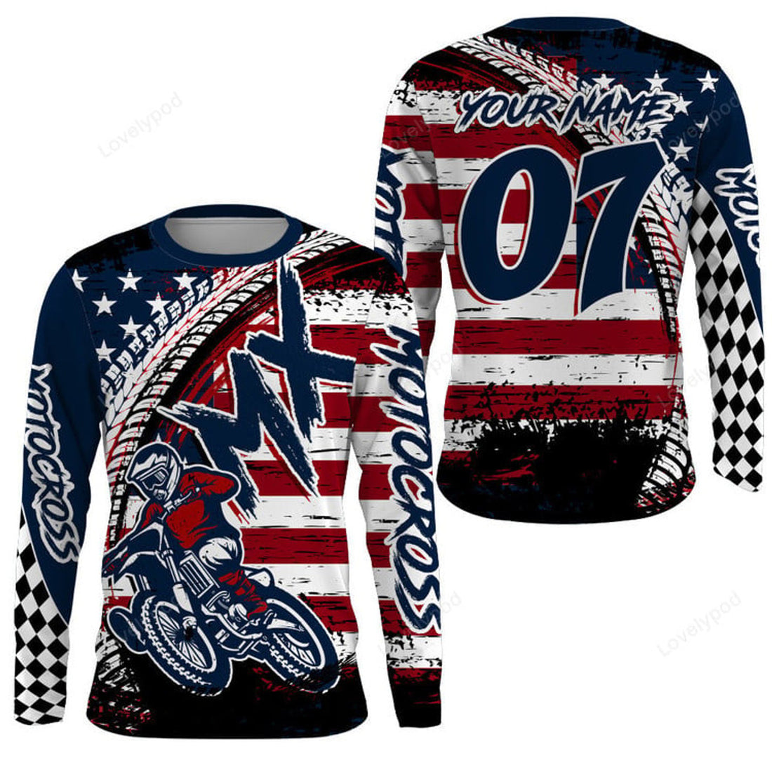 FUNSTUFFPRINT Custom Motocross Jersey, Men American Flag Dirt Bike Shirt, MX Off-Road Motorcycle 3D Long Sleeve T-Shirt