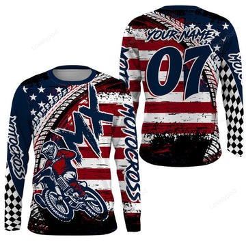 FUNSTUFFPRINT Custom Motocross Jersey, Men American Flag Dirt Bike Shirt, MX Off-Road Motorcycle 3D Long Sleeve T-Shirt