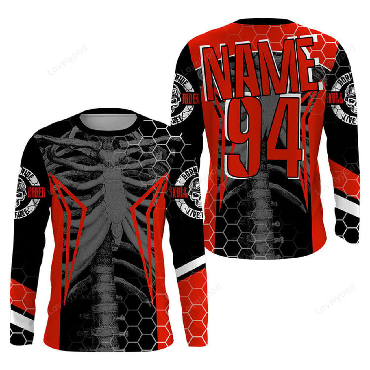 FUNSTUFFPRINT Custom Racing Jersey, Cool Bone Motorcycle Motocross Off-Road Riders 3D Long Sleeve T-Shirt