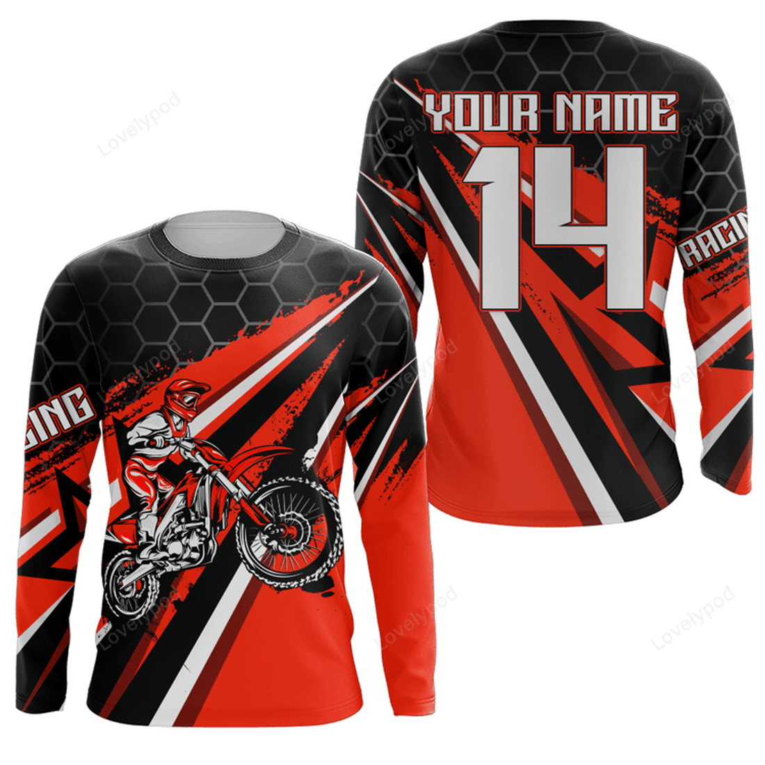 FUNSTUFFPRINT Custom Dirt Bike Jersey, Red Motocross Shirt Boys Girls MX Jersey Men Women Motorcycle 3D Long Sleeve T-Shirt