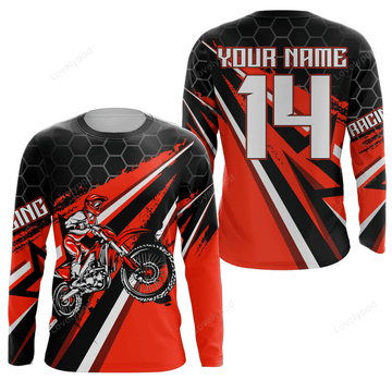 FUNSTUFFPRINT Custom Dirt Bike Jersey, Red Motocross Shirt Boys Girls MX Jersey Men Women Motorcycle 3D Long Sleeve T-Shirt