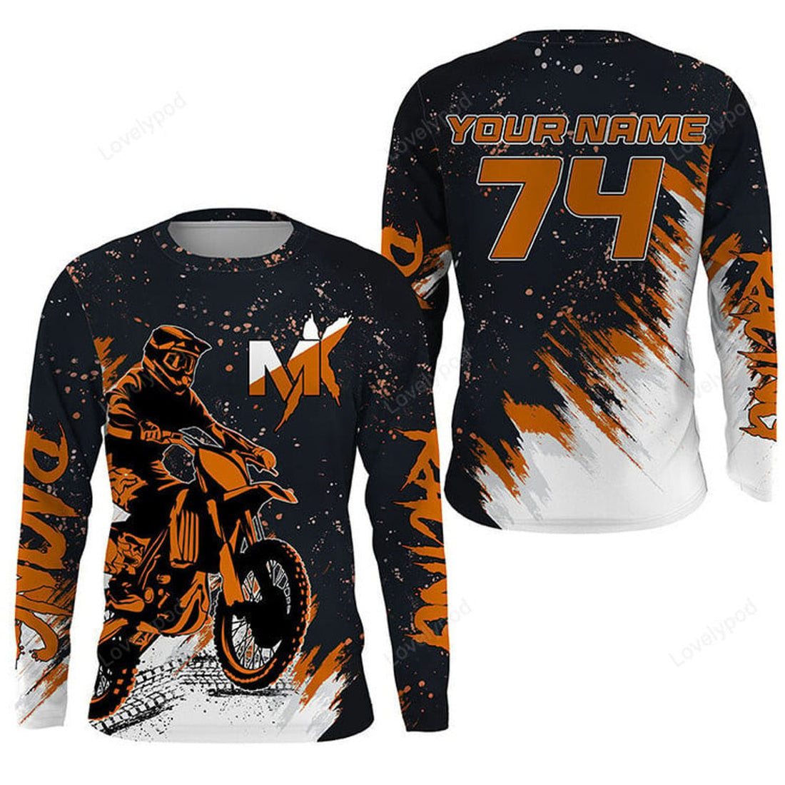 FUNSTUFFPRINT Custom Dirt Bike jersey men women, orange MX racing shirt, biker off-road motorcycle 3D Long Sleeve T-Shirt