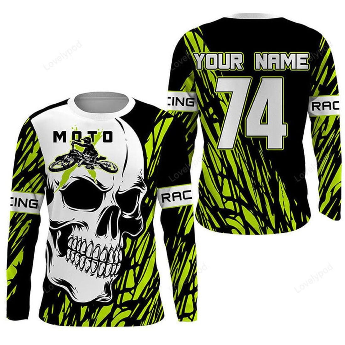 FUNSTUFFPRINT Custom Skull Moto X Jersey, Personalized Motocross UV Protective Dirt Bike Racing Motorcycle Racewear 3D Long Sleeve T-Shirt