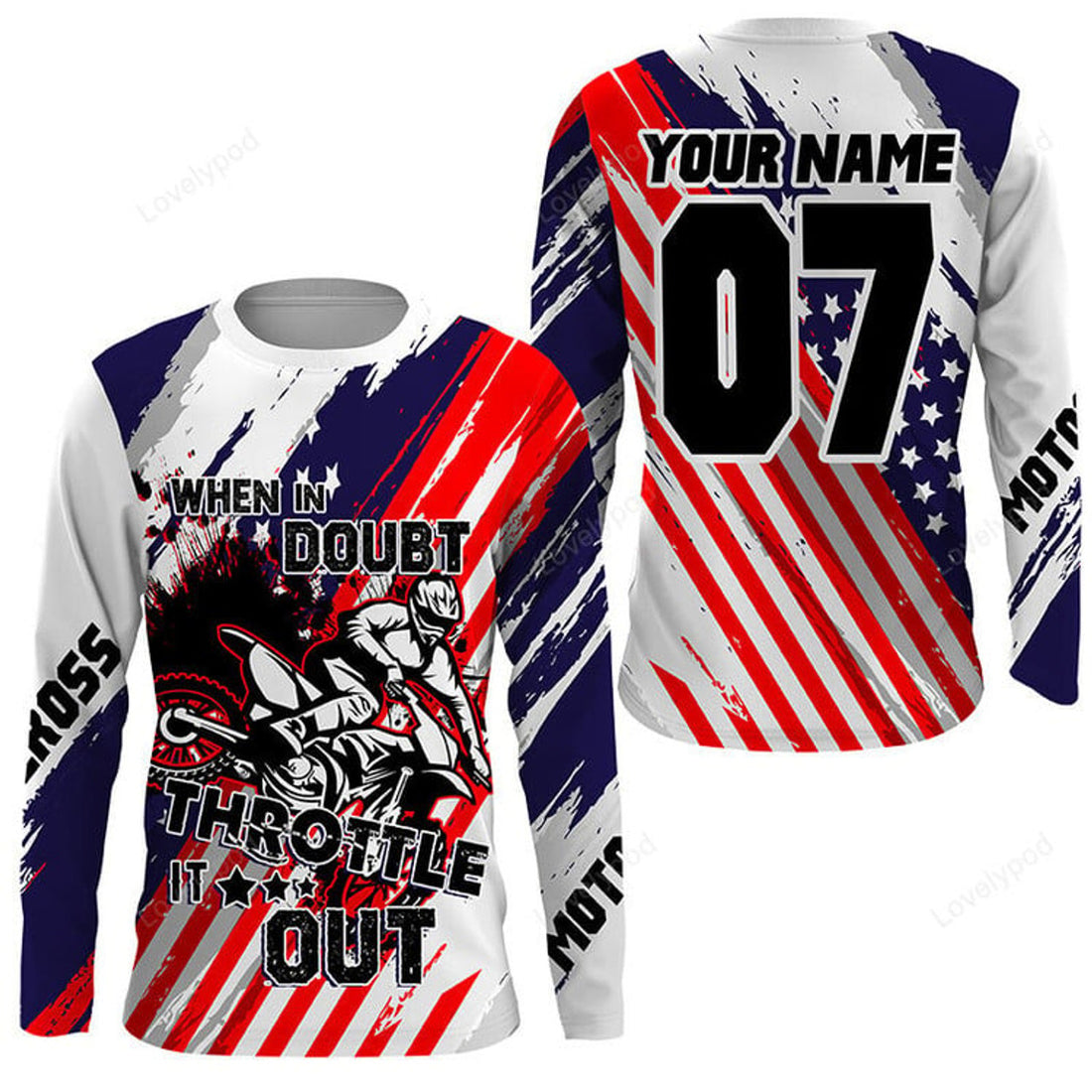 FUNSTUFFPRINT Custom Patriotic Dirt Bike Jersey, When in Doubt Throttle It out American Motocross 3D Long Sleeve T-Shirt