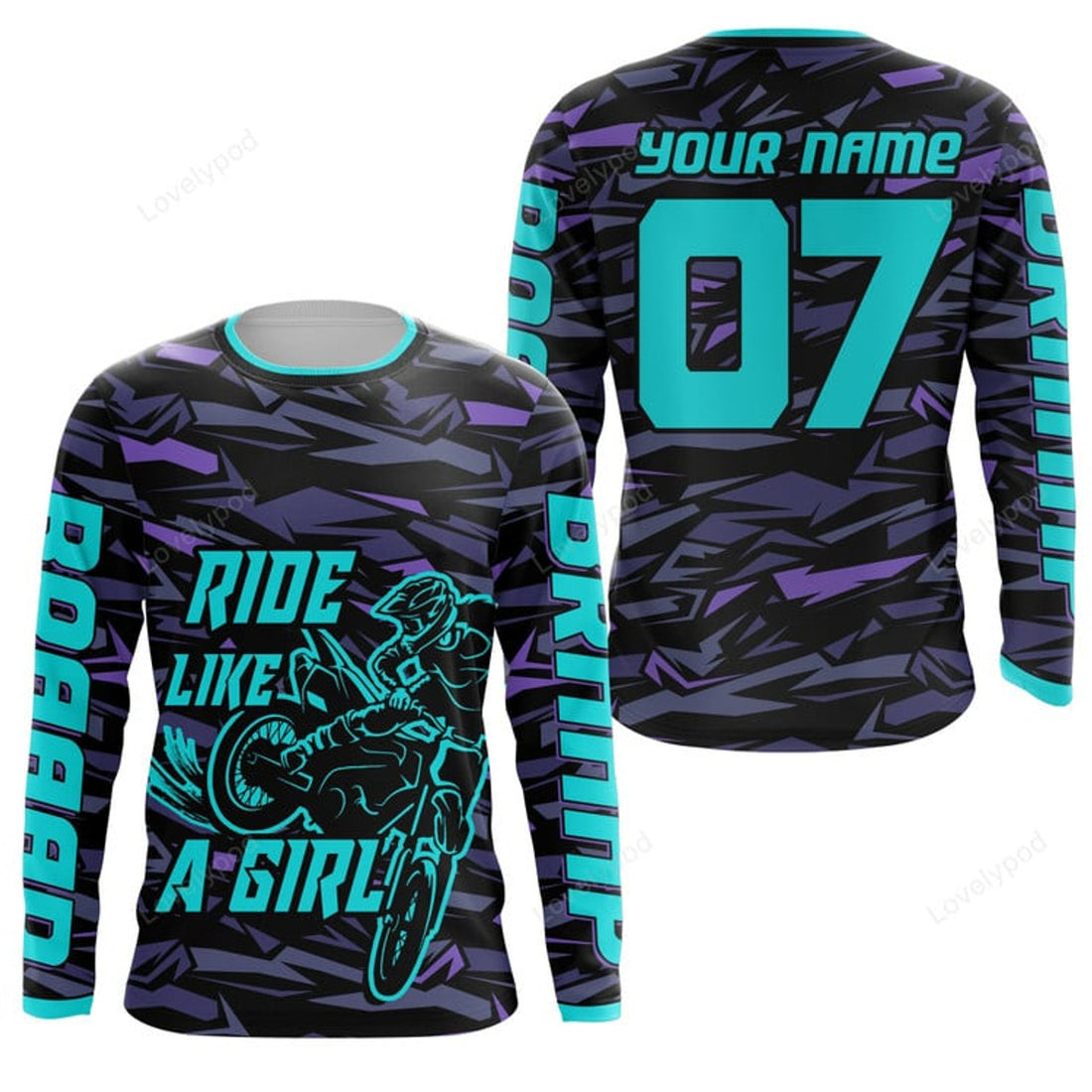 FUNSTUFFPRINT Custom Ride Like A Girl Personalized MX Racing Jersey, Girls Women Motocross Dirt Bike 3D Long Sleeve T-Shirt