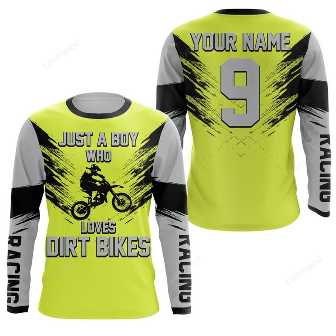 FUNSTUFFPRINT Custom Just A Boy Who Loves Dirt Bikes custom jersey green, men boys motocross racewear 3D Long Sleeve T-Shirt