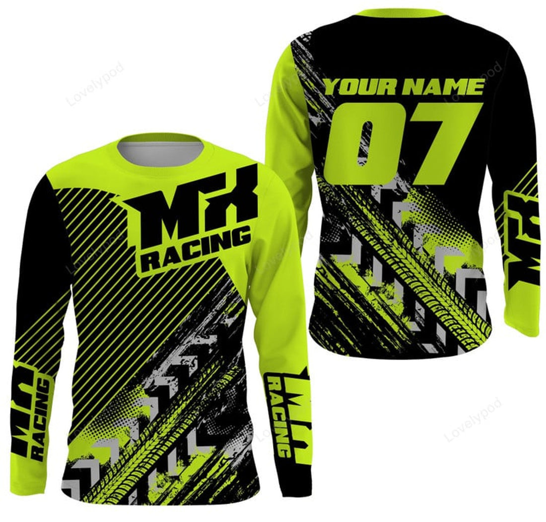 FUNSTUFFPRINT Custom MX Racing Jersey, Personalized Motocross Green Dirt Bike Riders Off-road Motorcycle 3D Long Sleeve T-Shirt