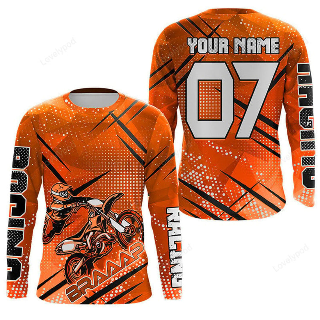 FUNSTUFFPRINT Custom Dirt bike racing jersey, custom orange Motocross men women off-road extreme MX 3D Long Sleeve T-Shirt