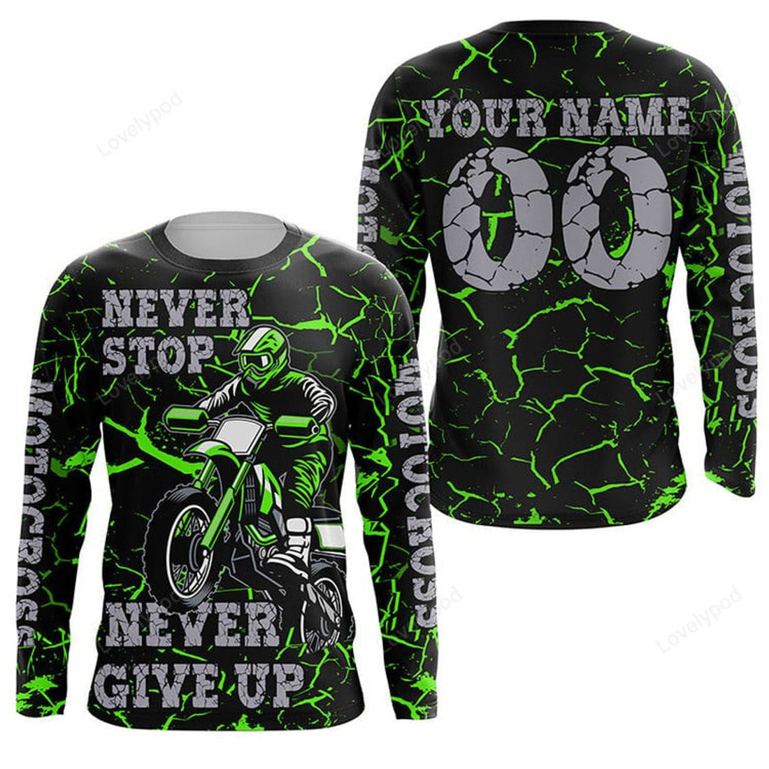 FUNSTUFFPRINT Custom Green Motocross Jersey, Personalized Never Stop Dirt Bike Shirt For Boys Racing Motorcycle 3D Long Sleeve T-Shirt