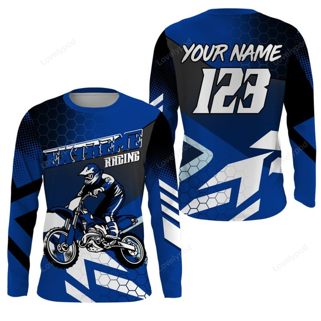 FUNSTUFFPRINT Custom Dirt Bike Jersey Blue Women Kid Men, Motocross Off-Road Jersey MX Motorcycle 3D Long Sleeve T-Shirt