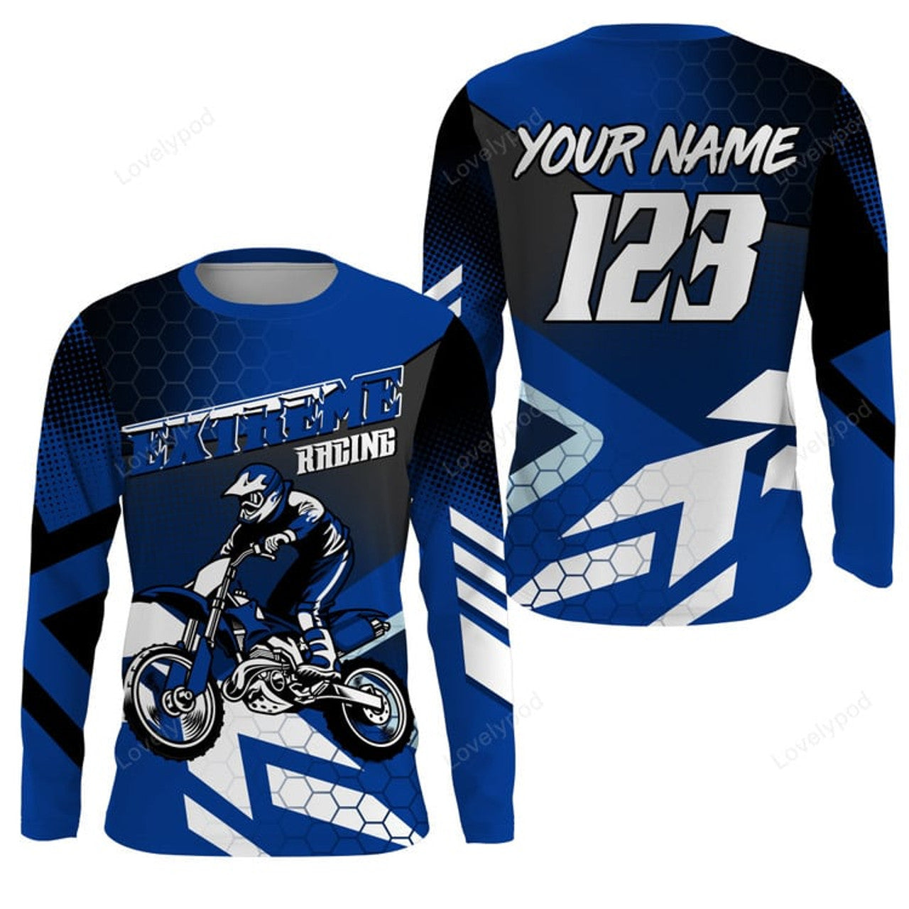FUNSTUFFPRINT Custom Dirt Bike Jersey Blue Women Kid Men, Motocross Off-Road Jersey MX Motorcycle 3D Long Sleeve T-Shirt