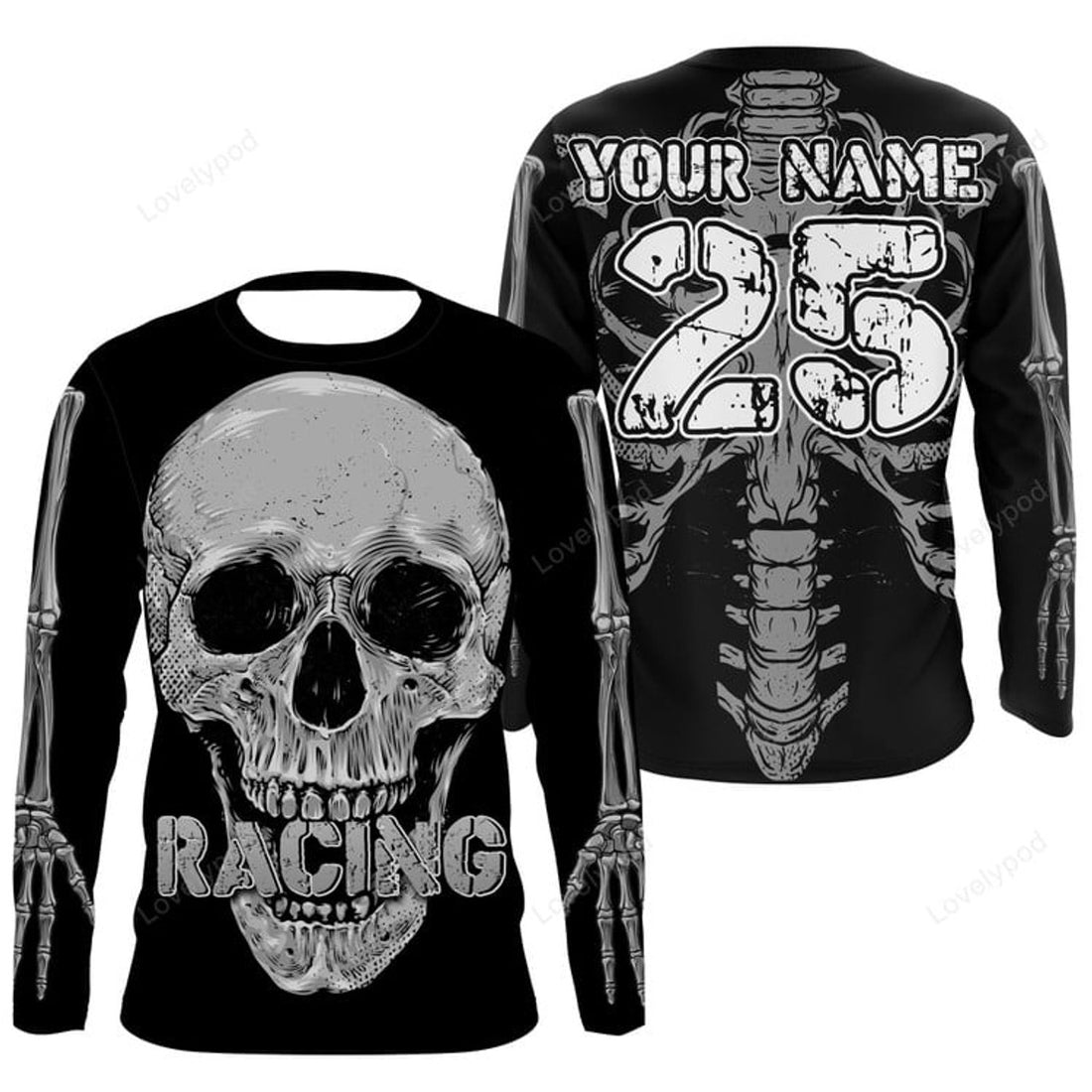 FUNSTUFFPRINT Custom Skull Racing jersey, cool biker skull riders motorcycle racewear 3D Long Sleeve T-Shirt
