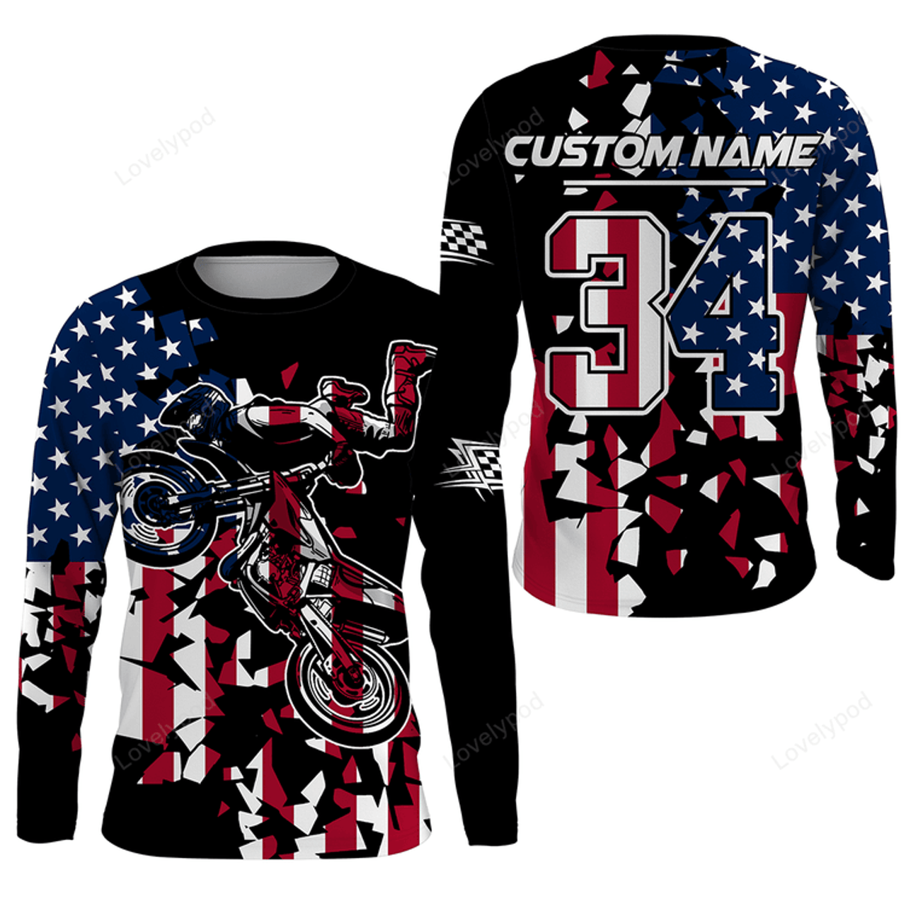 FUNSTUFFPRINT Custom Dirt Bike Racing Jersey, Patriotic Motocross American Off-Road Riding Jersey 3D Long Sleeve T-Shirt