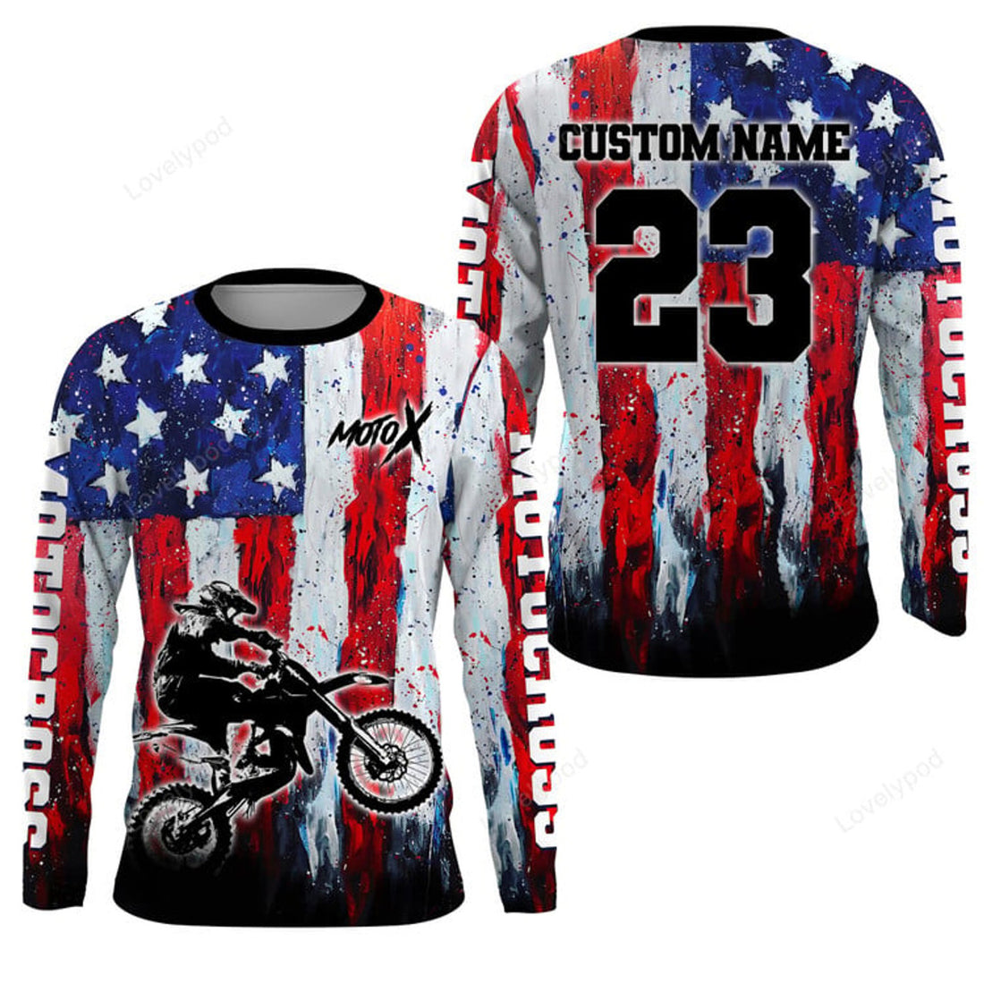 FUNSTUFFPRINT Custom Motocross Racing Jersey, American Flag Moto x Dirt Bike Shirt, Off-Road Motorcycle Jersey 3D Long Sleeve T-Shirt