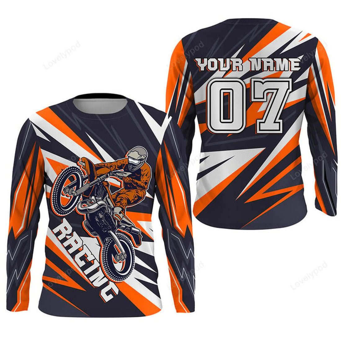 FUNSTUFFPRINT Custom Racing Jersey Orange Men Women Dirt Bike Shirt, Supercross Motocross 3D Long Sleeve T-Shirt