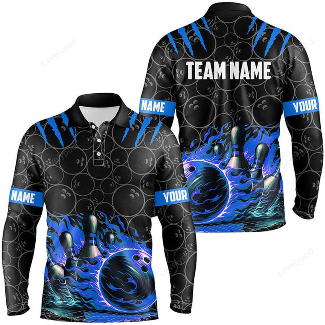 FUNSTUFFPRINT Men Bowling Long Sleeve Polo Shirts, Custom Black Blue Flame Bowling Shirt, Bowling Team Jerseys Gift For Bowlers