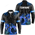 FUNSTUFFPRINT Men Bowling Long Sleeve Polo Shirts, Custom Black Blue Flame Bowling Shirt, Bowling Team Jerseys Gift For Bowlers