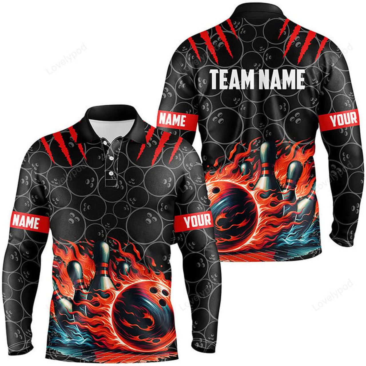 FUNSTUFFPRINT Men Bowling Long Sleeve Polo Shirts, Custom Black Red Flame Bowling Shirt, Bowling Team Jerseys Gift For Bowlers