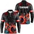 FUNSTUFFPRINT Men Bowling Long Sleeve Polo Shirts, Custom Black Red Flame Bowling Shirt, Bowling Team Jerseys Gift For Bowlers