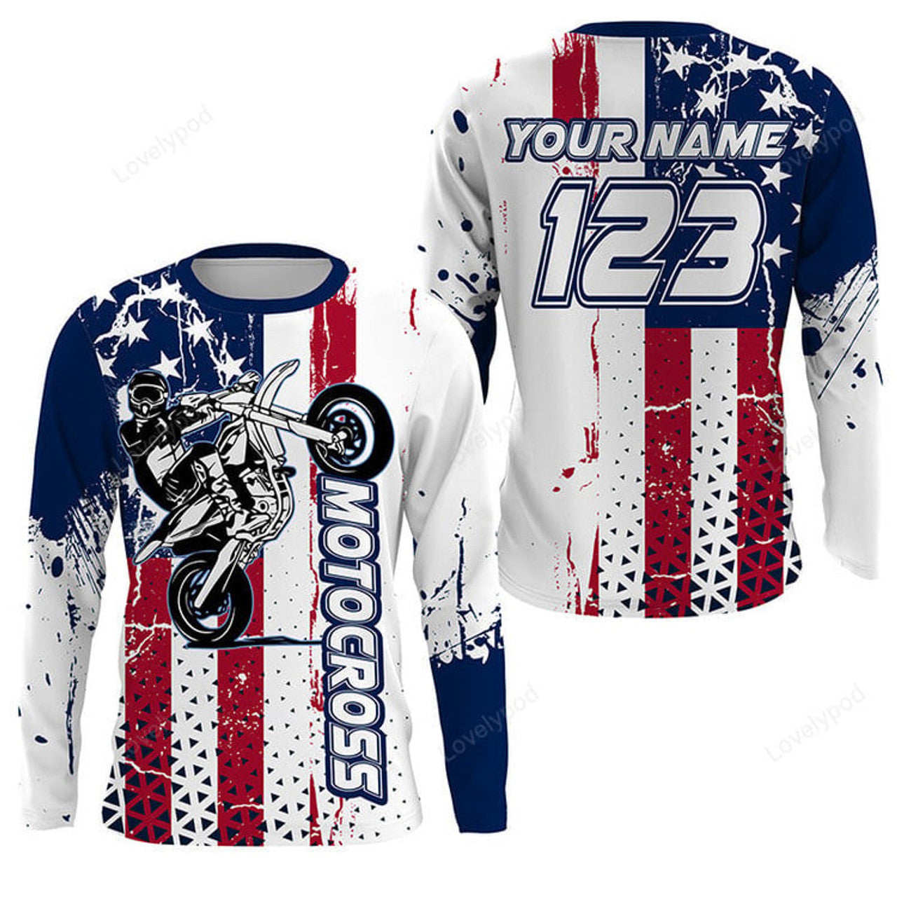 FUNSTUFFPRINT Custom Patriotic Custom Motocross Jersey, Adult MX Racing Dirt Bike Offroad Motorcycle Racewear 3D Long Sleeve T-Shirt