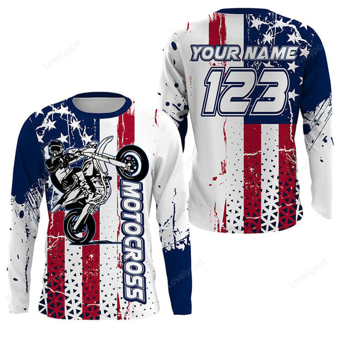 FUNSTUFFPRINT Custom Patriotic Custom Motocross Jersey, Adult MX Racing Dirt Bike Offroad Motorcycle Racewear 3D Long Sleeve T-Shirt