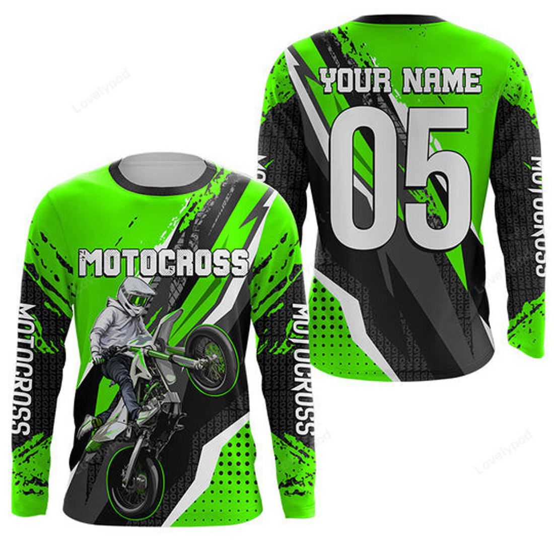 FUNSTUFFPRINT Custom Men women youth custom Motocross jersey, off-road green dirt bike racing shirt motorcycle 3D Long Sleeve T-Shirt