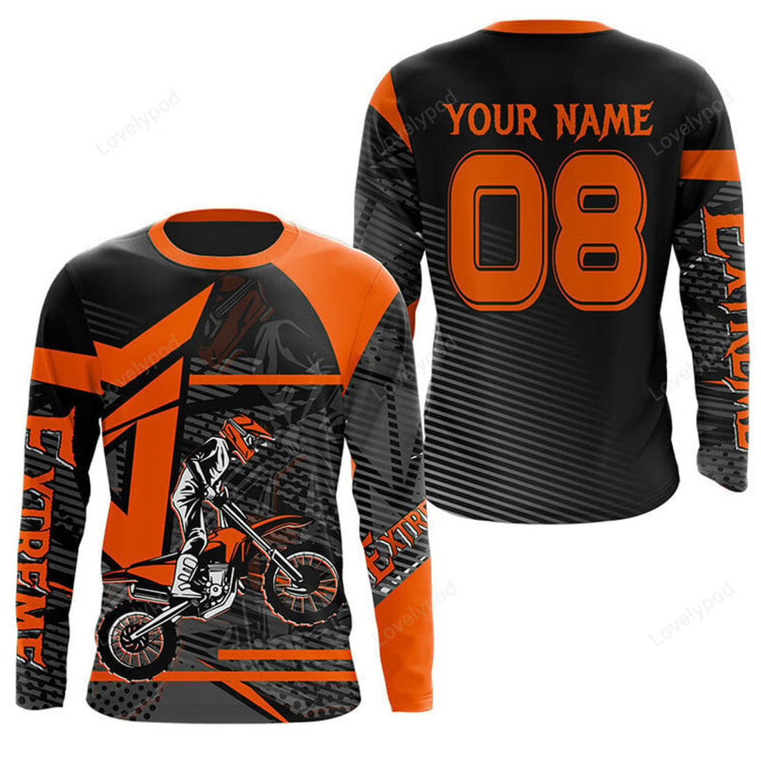 FUNSTUFFPRINT Custom Extreme MX jersey for kid men women, custom dirt bike off-road orange Motocross racing shirt 3D Long Sleeve T-Shirt