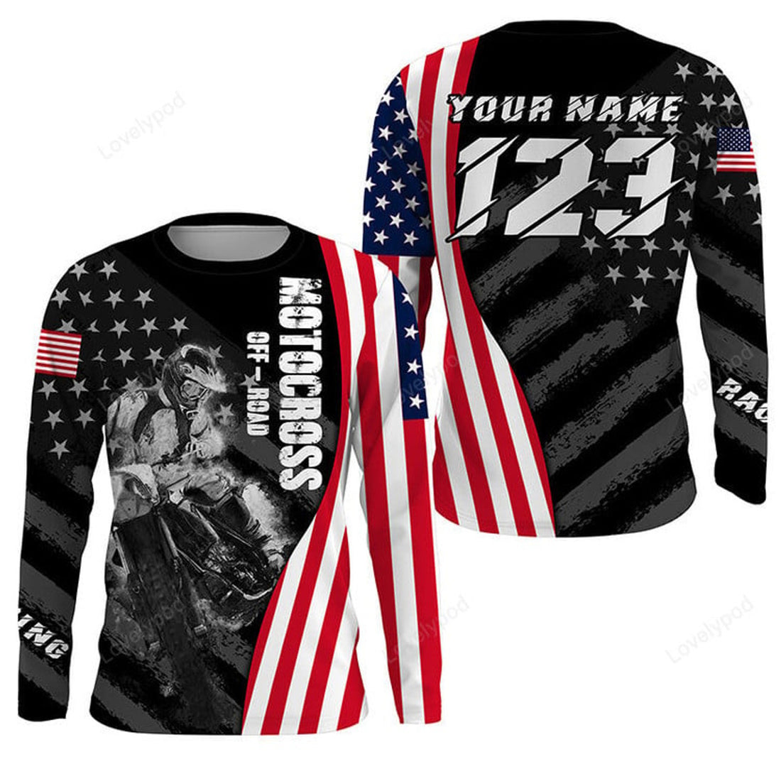 FUNSTUFFPRINT Custom dirt bike jersey Patriotic motocross off-road American flag extreme MX 3D Long Sleeve T-Shirt