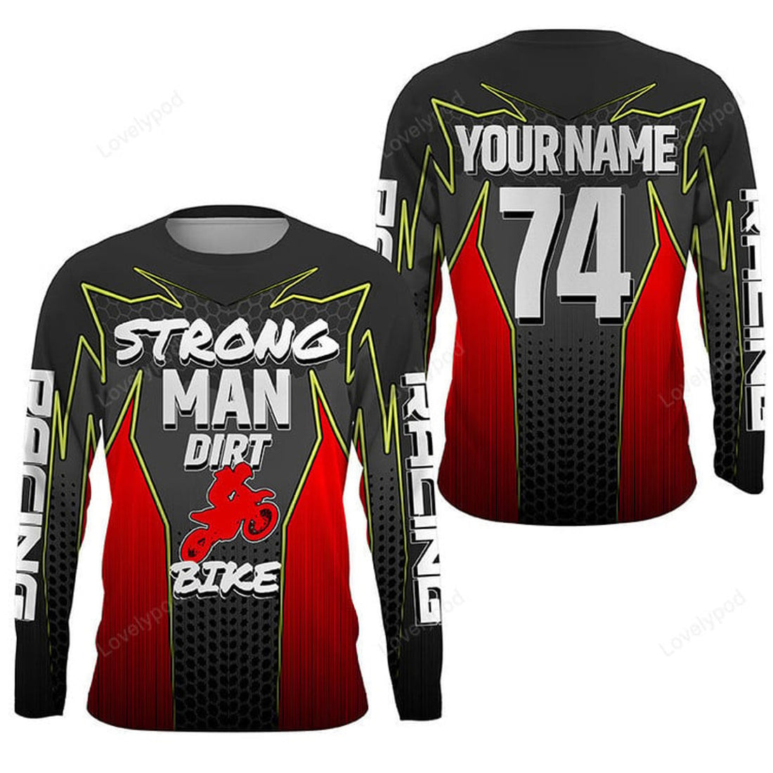 FUNSTUFFPRINT Custom Red motocross jersey men women, Strong Man Dirt Bike off-road shirt motorcycle MX 3D Long Sleeve T-Shirt