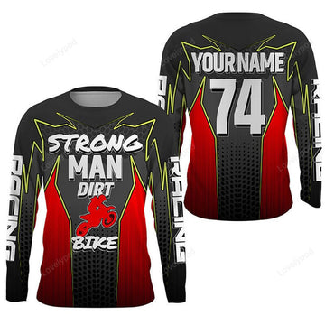 FUNSTUFFPRINT Custom Red motocross jersey men women, Strong Man Dirt Bike off-road shirt motorcycle MX 3D Long Sleeve T-Shirt