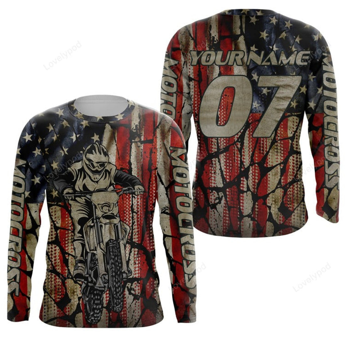 FUNSTUFFPRINT Custom Patriotic MX Jersey, Motocross Racing American Biker Motorcycle US Jersey 3D Long Sleeve T-Shirt