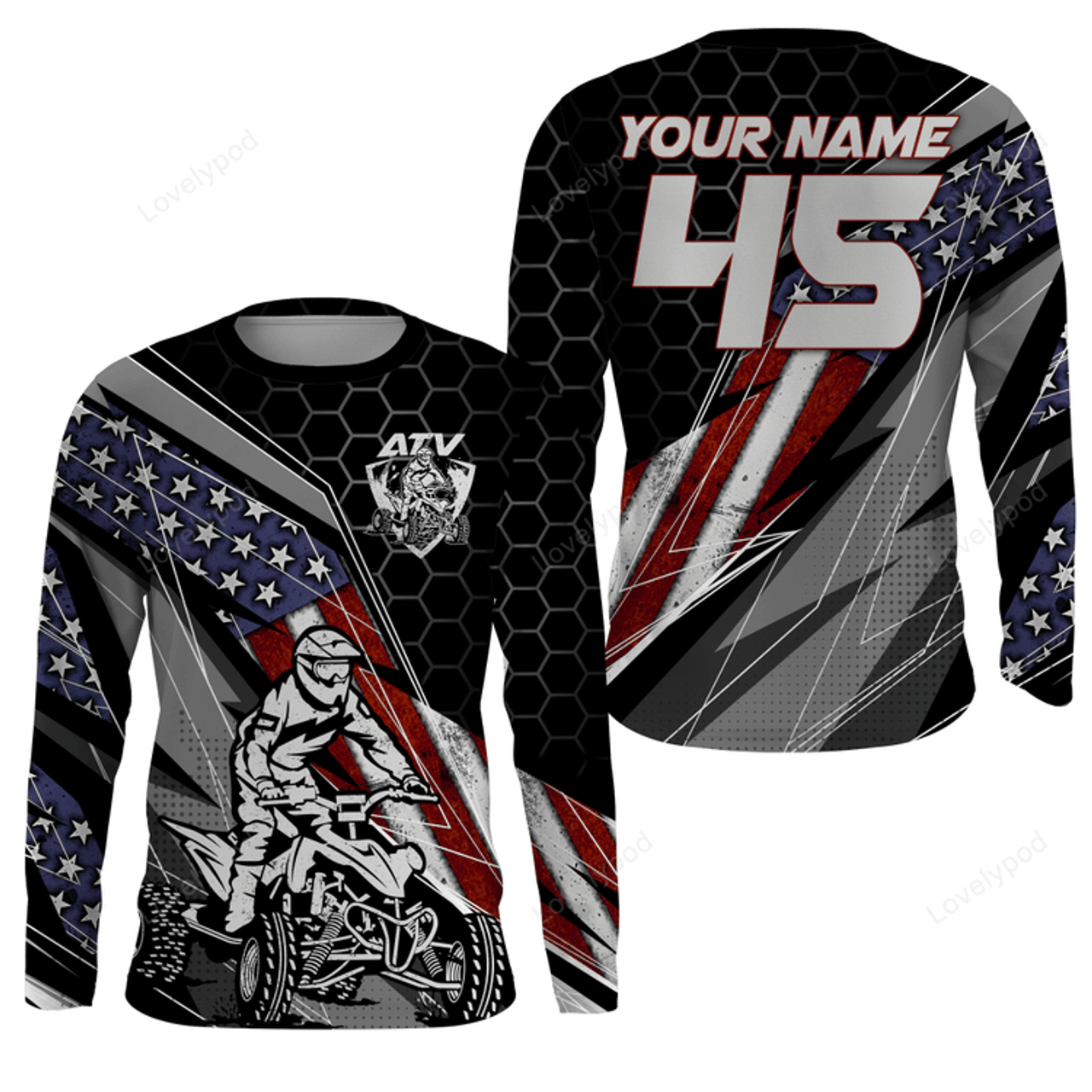 FUNSTUFFPRINT Custom American Quad Racing Jersey Men Women, ATV Motocross Off-road Shirt Patriotic ATV Racing 3D Long Sleeve T-Shirt