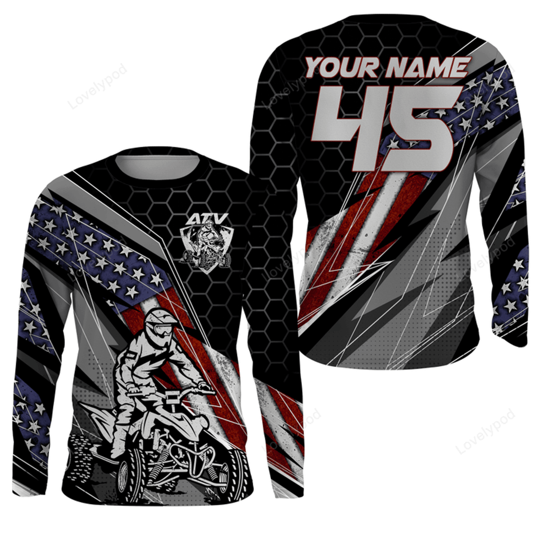 FUNSTUFFPRINT Custom American Quad Racing Jersey Men Women, ATV Motocross Off-road Shirt Patriotic ATV Racing 3D Long Sleeve T-Shirt