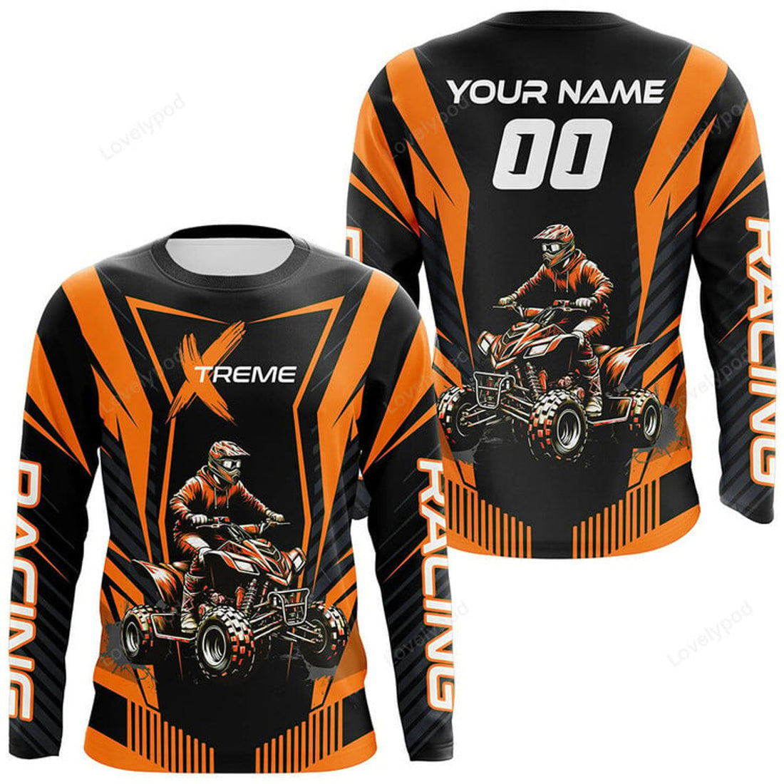 FUNSTUFFPRINT Custom Orange ATV Motocross Jersey Men, Custom Quad Bike Long Sleeve T-Shirt Boys Girls Extreme Off-Road 3D Long Sleeve T-Shirt
