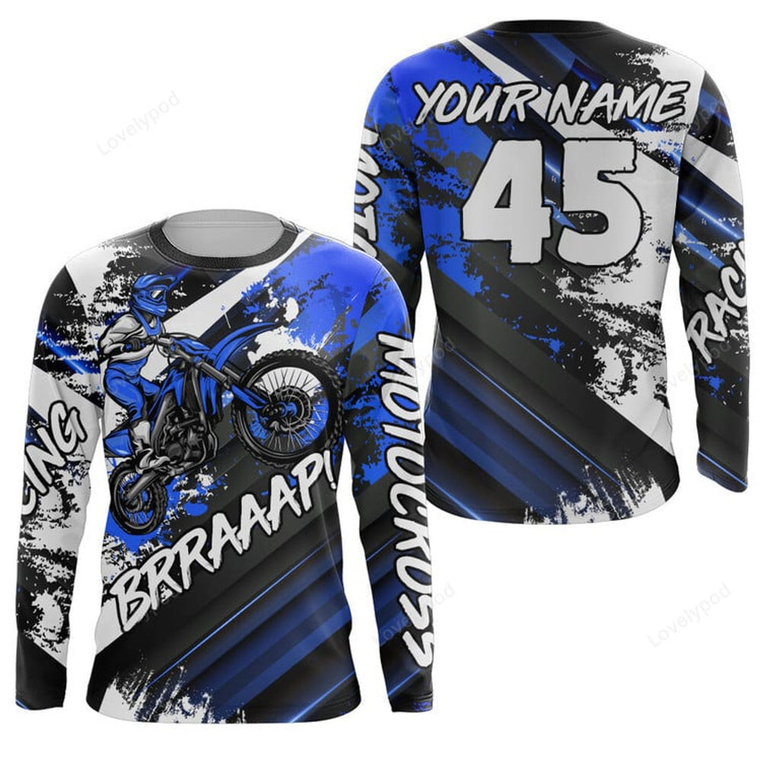 FUNSTUFFPRINT Custom Motocross Jersey Blue, Men Racing Dirt Bike Shirt, Off-Road Motorcycle 3D Long Sleeve T-Shirt