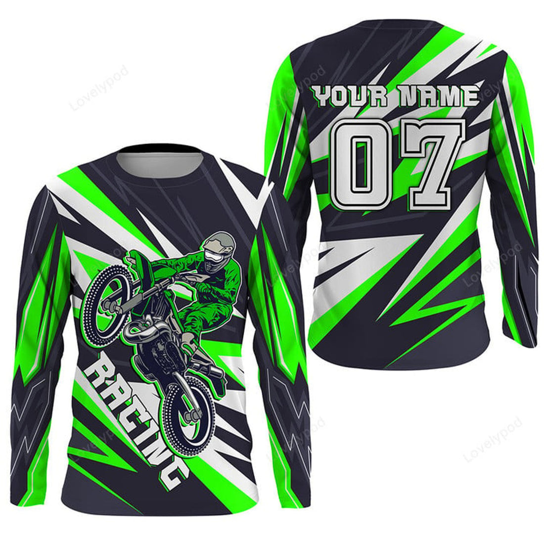 FUNSTUFFPRINT Custom Racing Jersey Green, Men Women Dirt Bike Shirt, Supercross Motocross 3D Long Sleeve T-Shirt