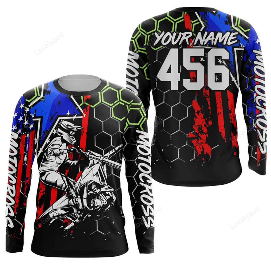FUNSTUFFPRINT Custom Motocross Jersey Men, US Flag Dirt Bike Shirt, MX Racing Off-Road Motorcycle 3D Long Sleeve T-Shirt