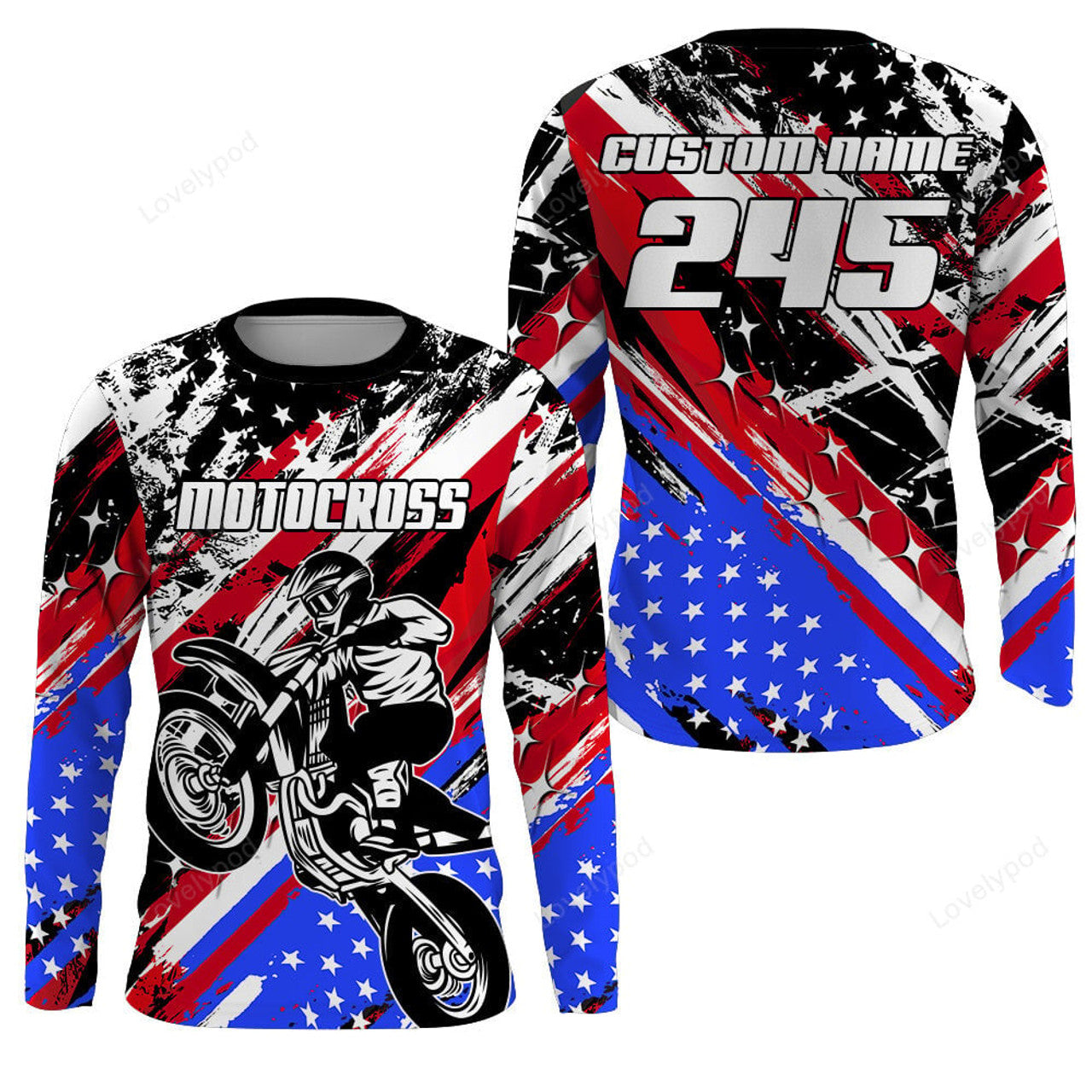 FUNSTUFFPRINT Custom USA Flag Motocross Jersey Kid Men, Custom Dirt Bike Shirt, MX Racing Off-Road Motorcycle 3D Long Sleeve T-Shirt