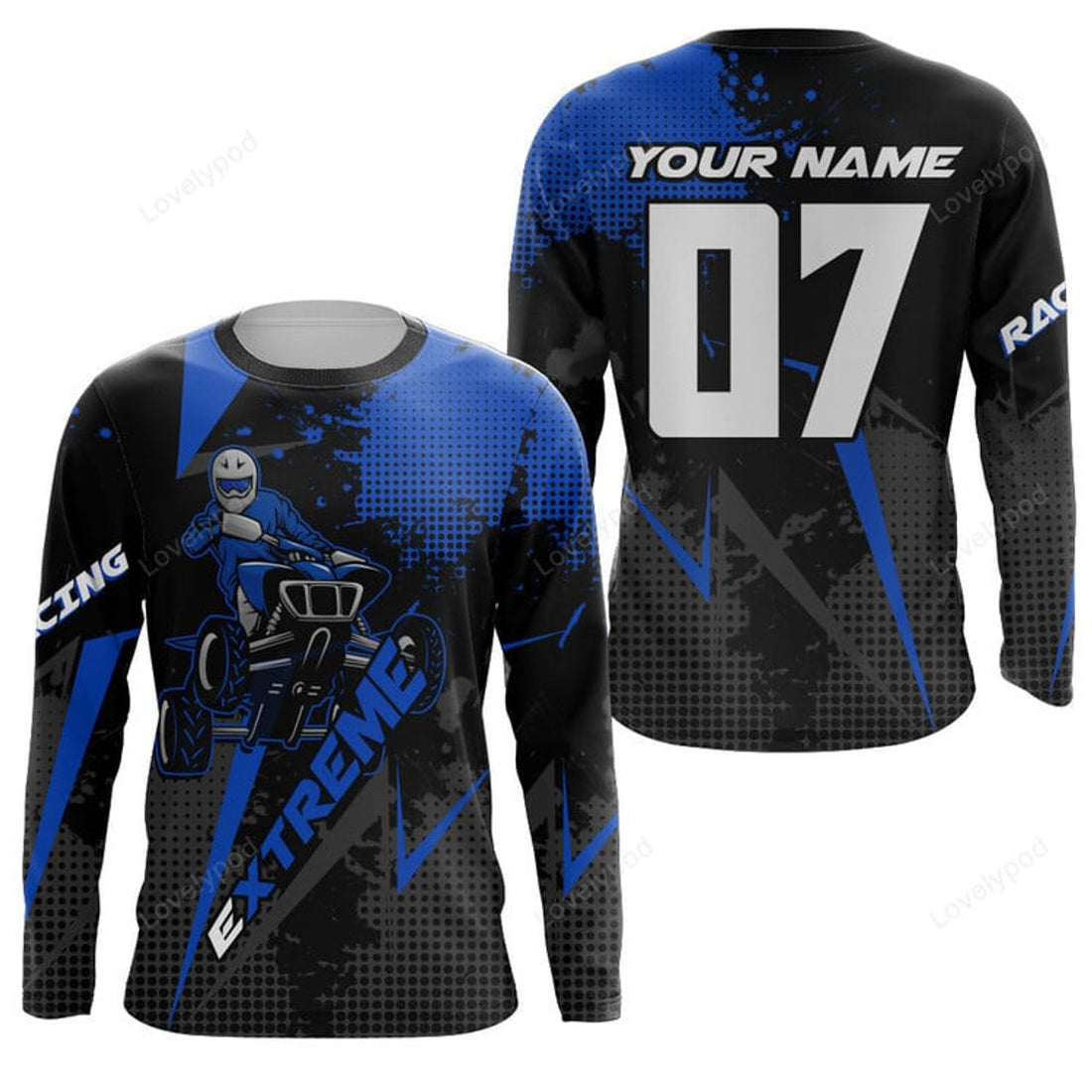 FUNSTUFFPRINT Custom Blue ATV Motocross Jersey, Bike Off-Road Jersey ATV MX Racing 3D Long Sleeve T-Shirt