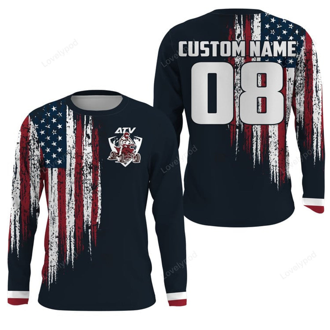 FUNSTUFFPRINT Custom ATV Motocross Jersey, Custom Quad Bike Off-Road Shirt, USA Flag ATV MX Patriotic 3D Long Sleeve T-Shirt