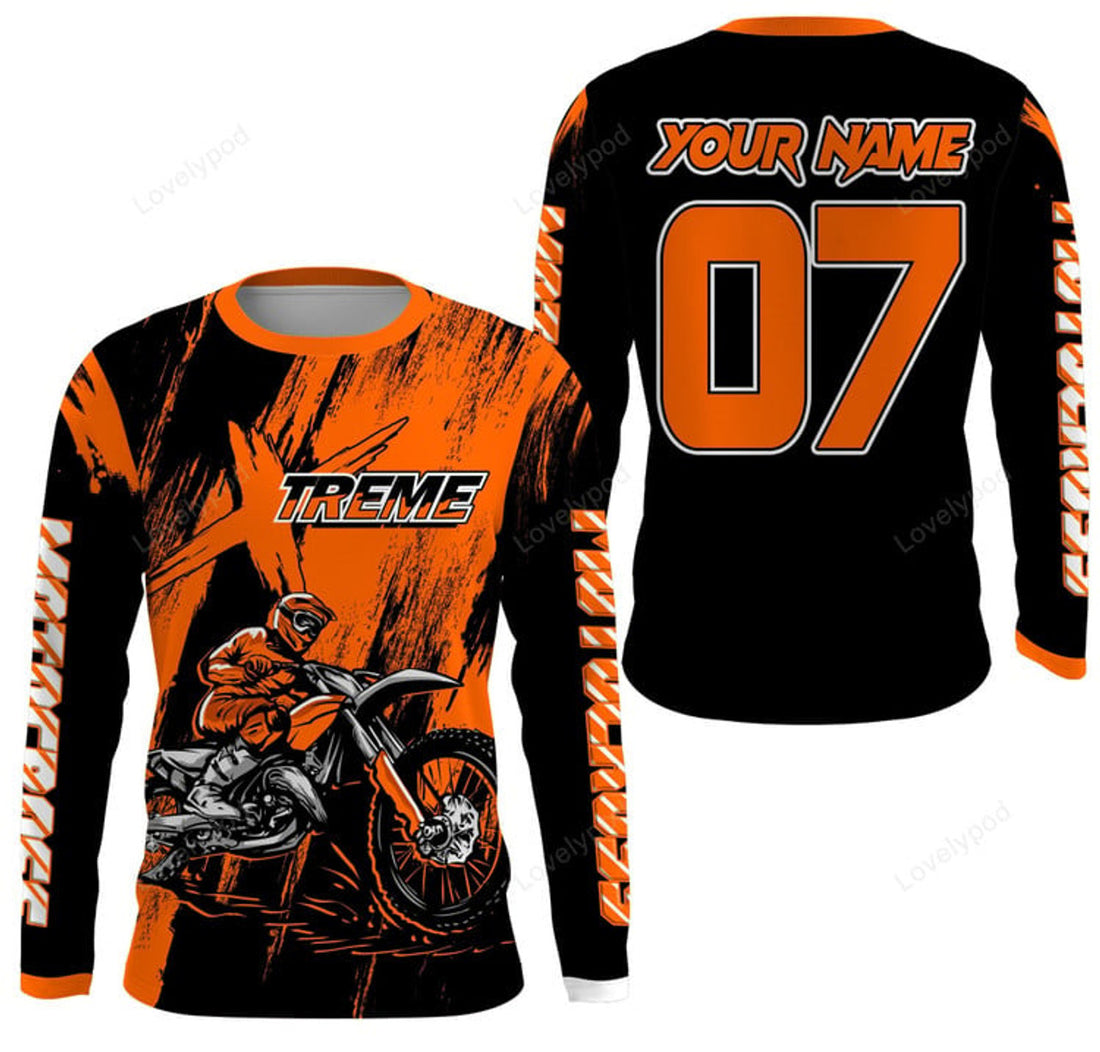 FUNSTUFFPRINT Custom Dirt Bike Jersey Men Women, Orange Motocross Off-Road Jersey MX Riding 3D Long Sleeve T-Shirt