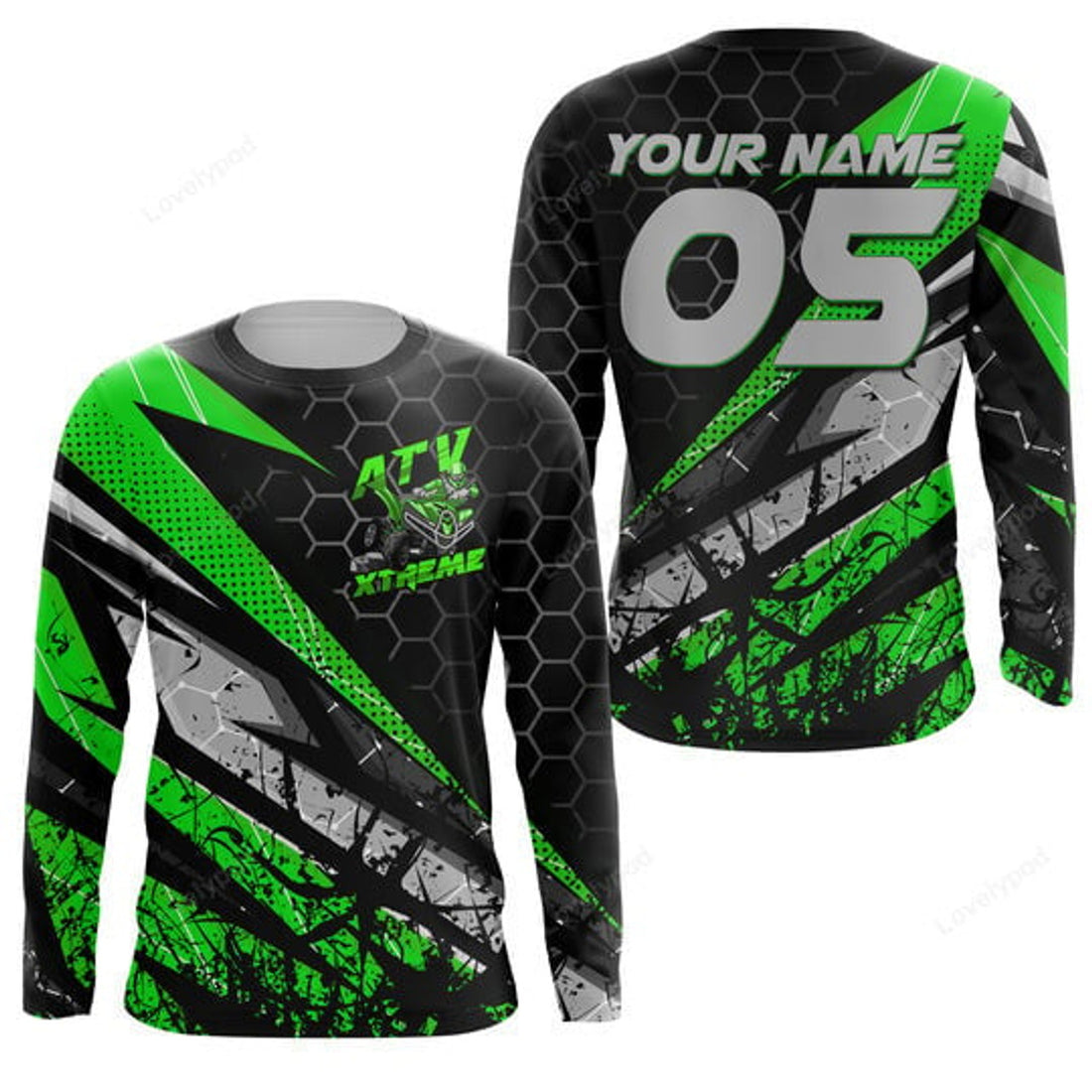 FUNSTUFFPRINT Custom Extreme ATV Motocross Jersey Green, Bike Shirt, Custom ATV MX Off-Road 3D Long Sleeve T-Shirt