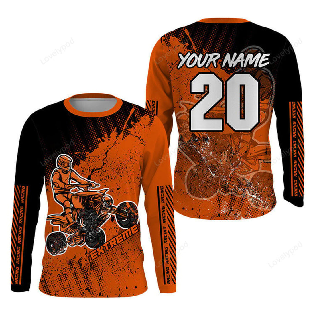 FUNSTUFFPRINT Custom ATV Motocross Jersey Men, Orange Quad Bike Shirt, Off-Road Jersey Men Kid MX Riding 3D Long Sleeve T-Shirt