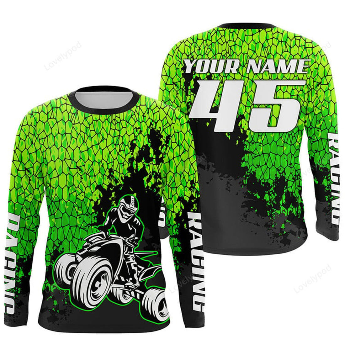 FUNSTUFFPRINT Custom ATV Motocross Jersey Green, Bike Shirt ATV MX Off-Road Riding 3D Long Sleeve T-Shirt