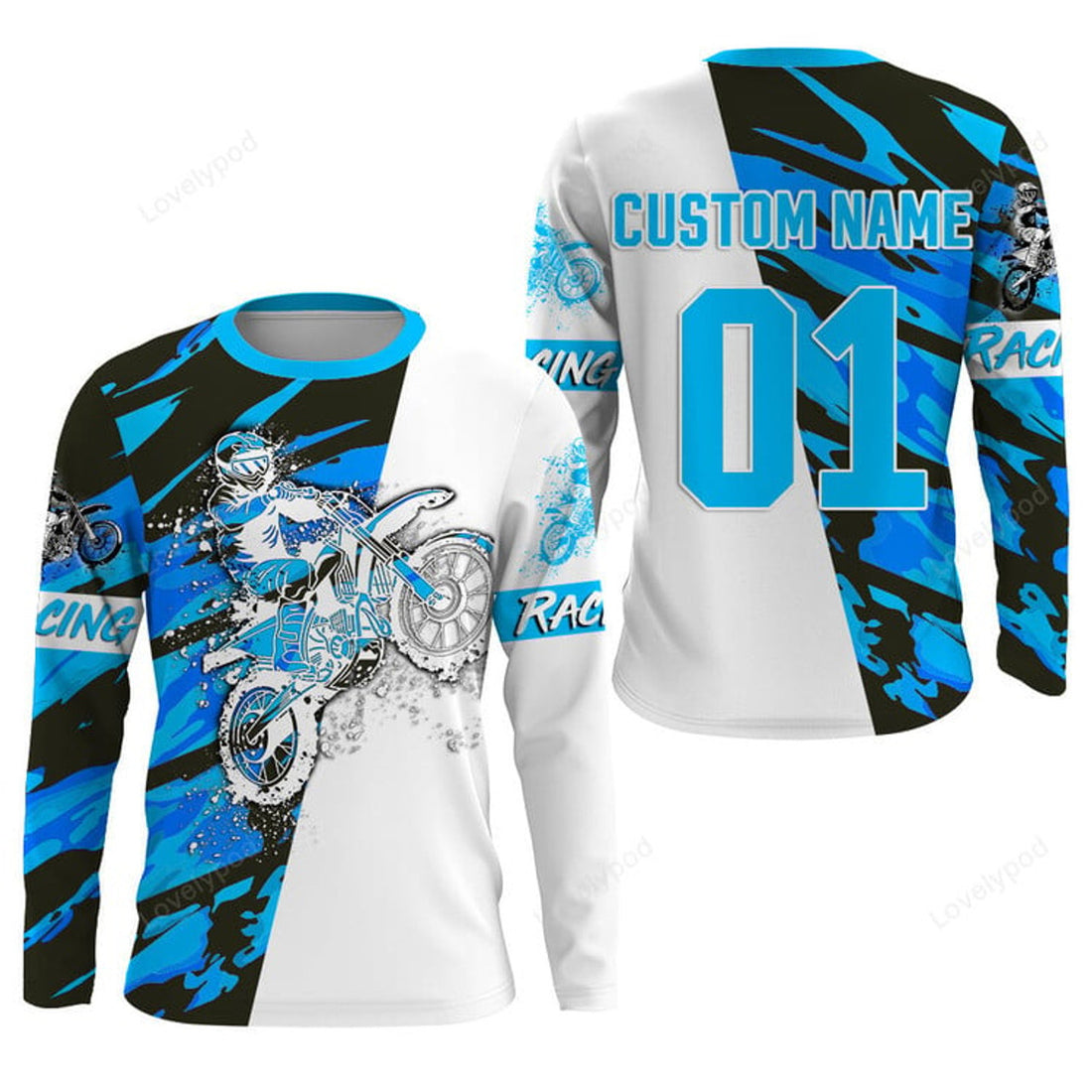 FUNSTUFFPRINT Custom Dirt bike Racing Jersey, Personalized Blue Camo Motocross Off-road MX Riding Jersey 3D Long Sleeve T-Shirt