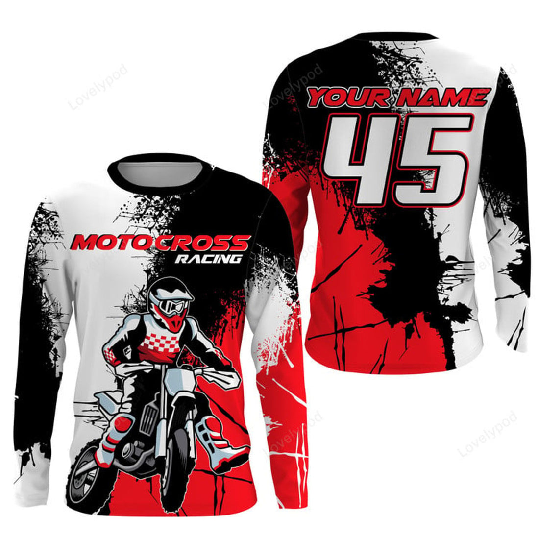 FUNSTUFFPRINT Custom MX Jersey Kid Men Women, Custom Dirt Bike Shirt, Red Motocross Racing Off-Road 3D Long Sleeve T-Shirt